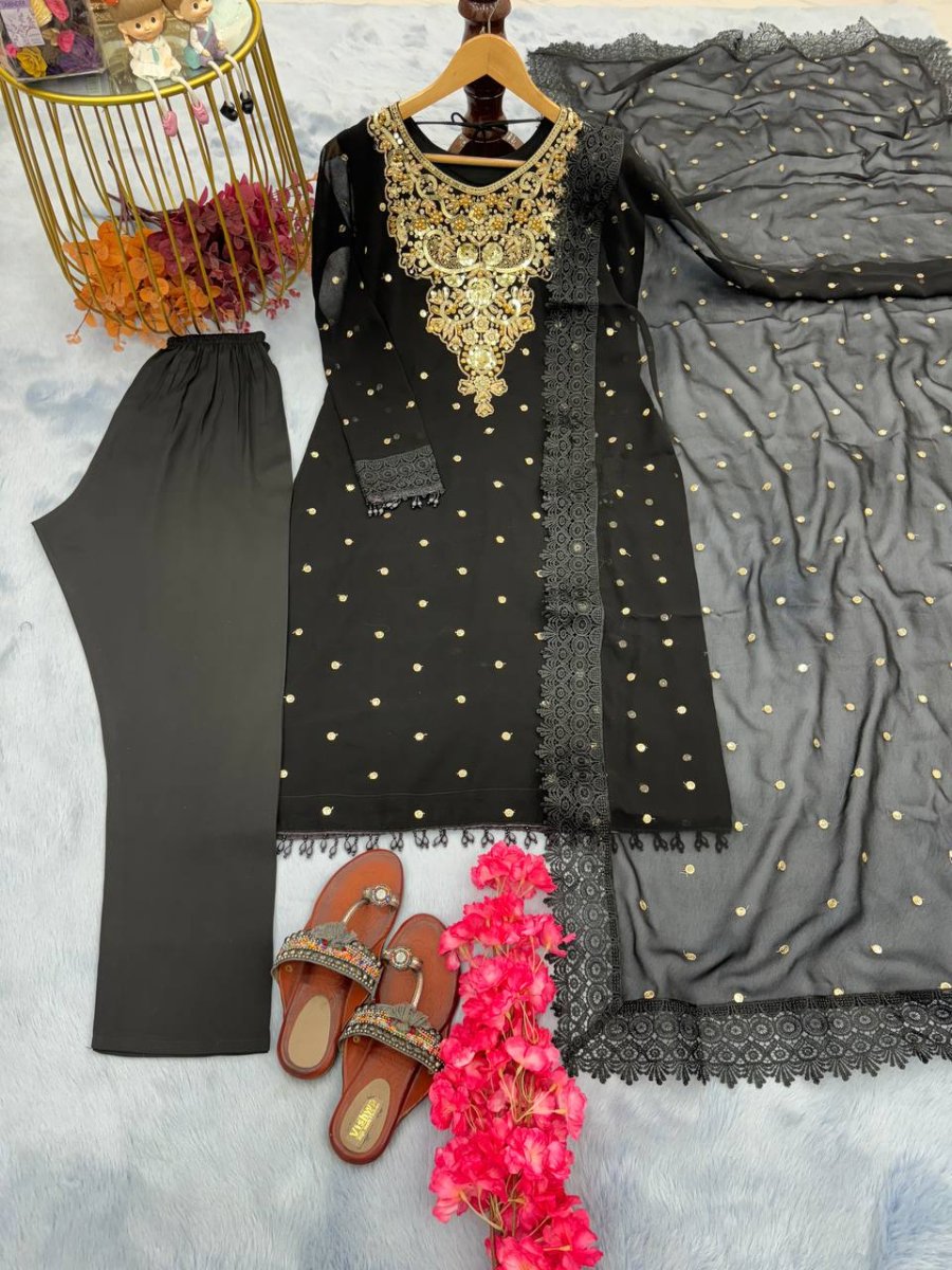 Launching New Đěsigner Party Wear Look Heavy Faux Georgette Top Bottom & Dupatta Set.