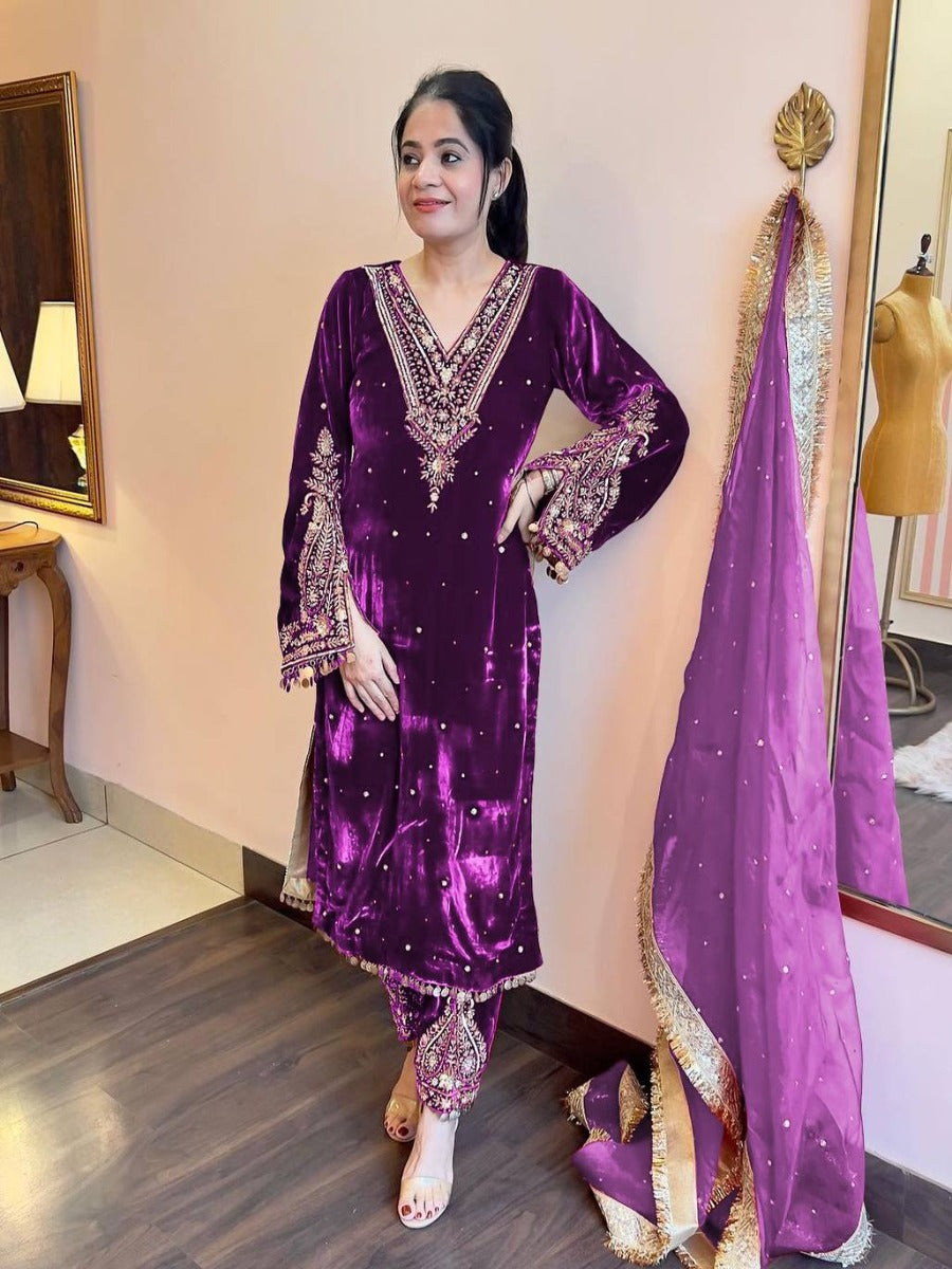 Launching New Designer Wedding Wear Look Full Velvet Fancy Kurti-Plazzo & Dupatta Set.