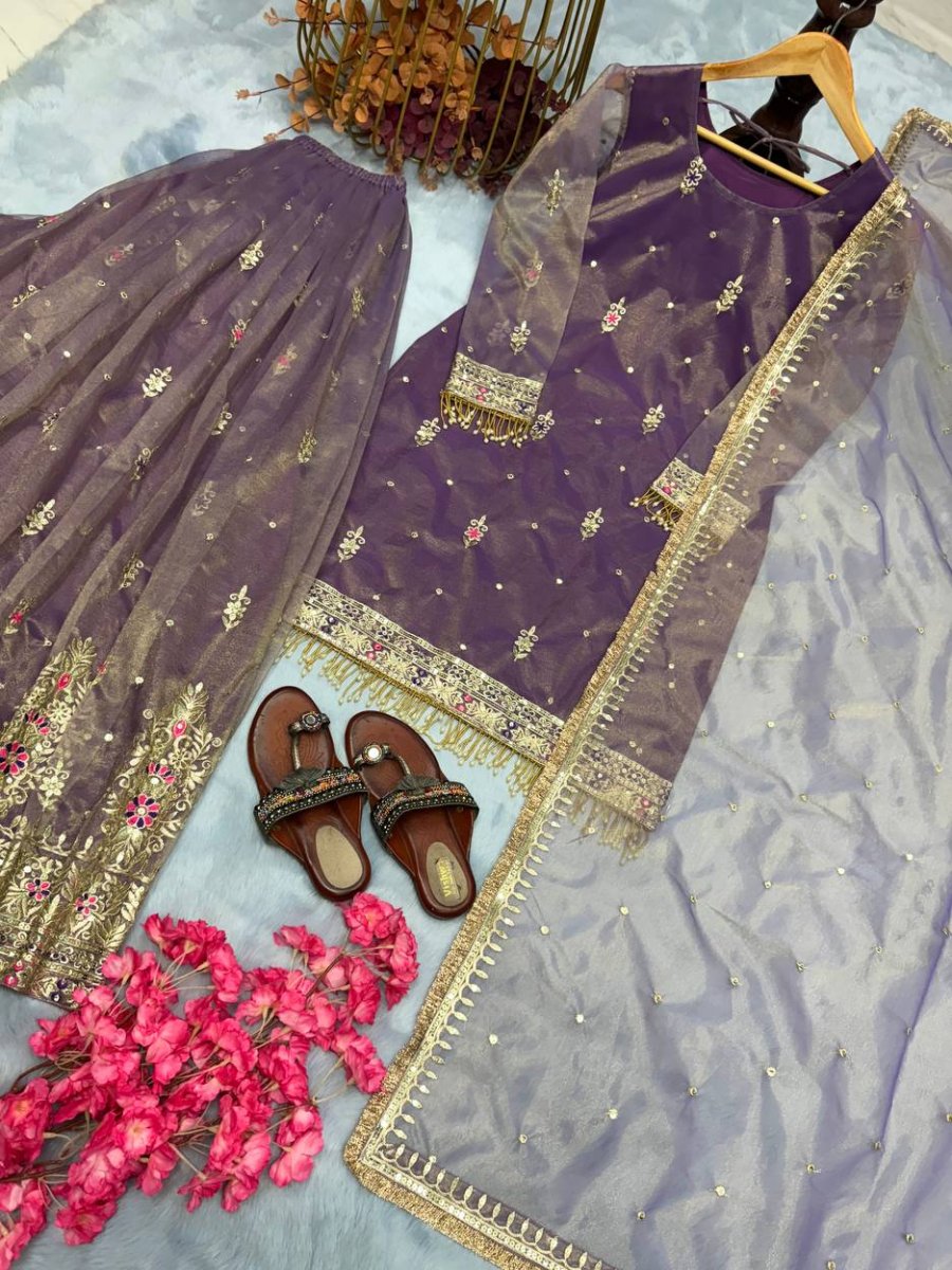 Launching New Đěsigner Party Wear Look Pur Twil Gold Net Top Plazzo & Dupatta Set.