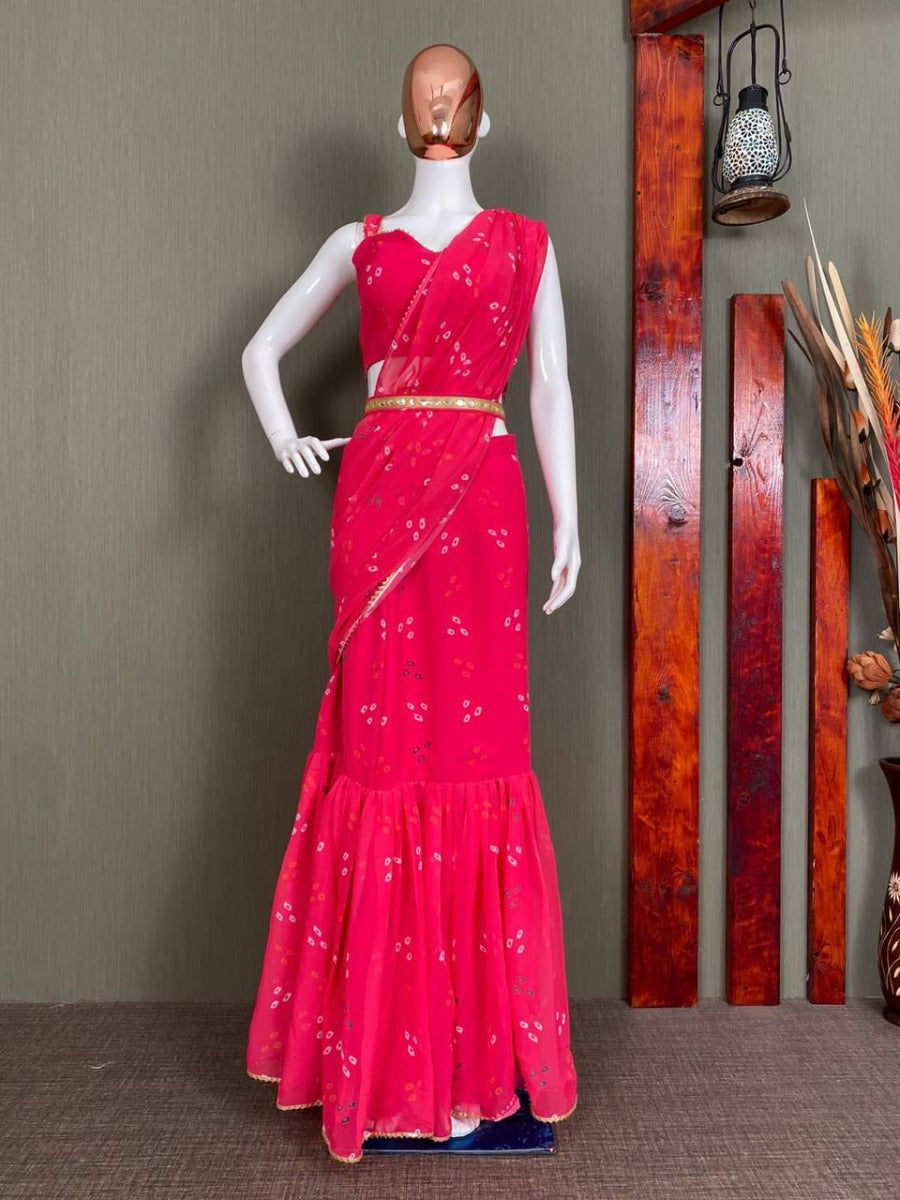 NEW FANCY PARTY WEAR GEORGETTE PRINTED FULLSTITCHED LEHENGA SAREE WITH BLOUSE AND BELT.