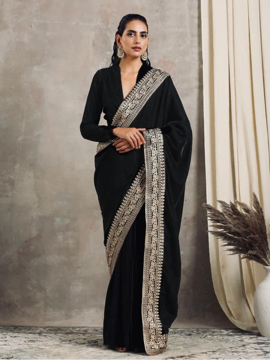 NEW DESIGNER PARTY WEAR BLACK VELVET SAREE WITH EMBROIDERED LACE WORK WITH BLOUSE.