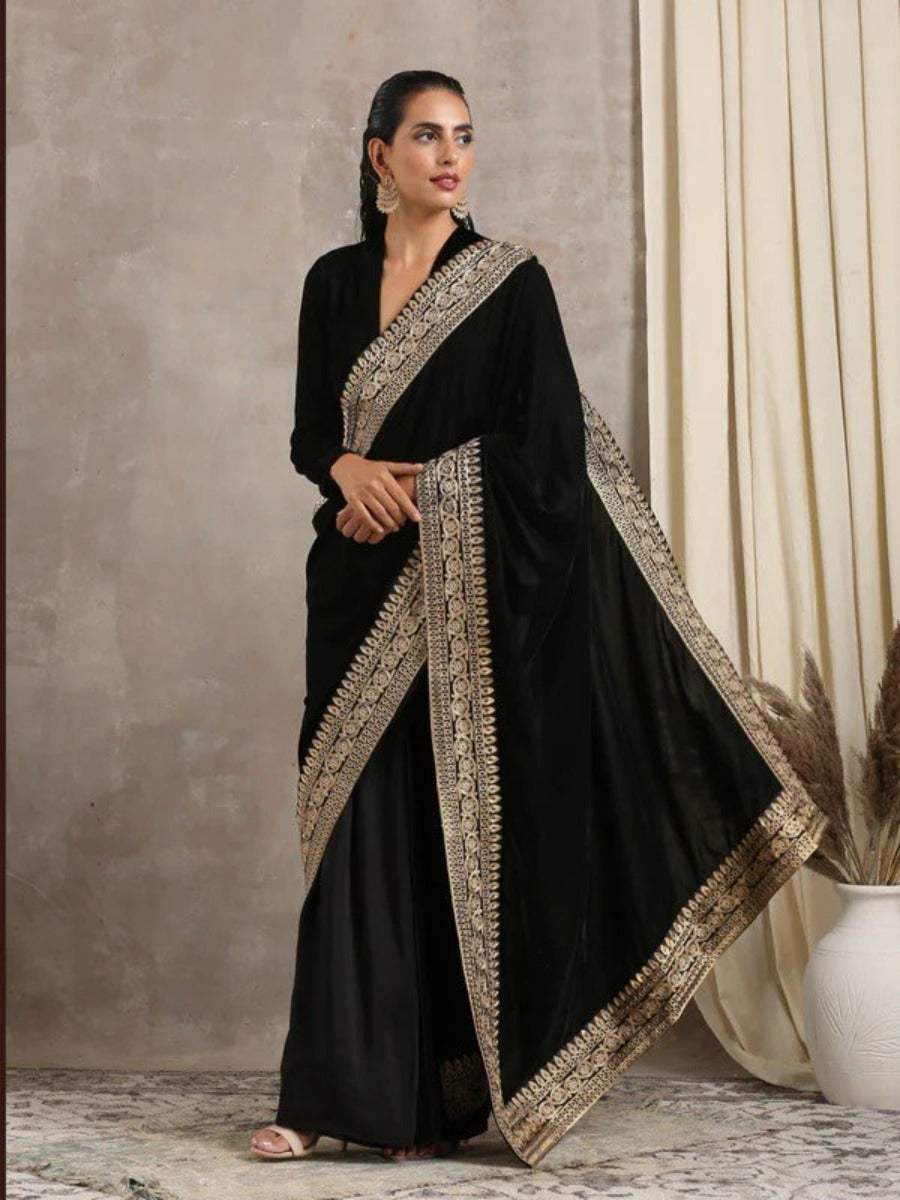 NEW DESIGNER PARTY WEAR BLACK VELVET SAREE WITH EMBROIDERED LACE WORK WITH BLOUSE.