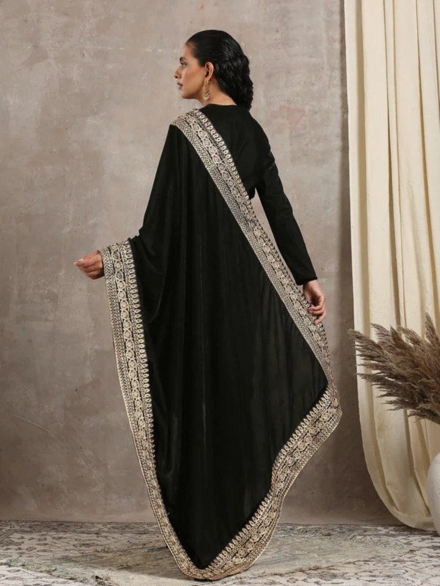 NEW DESIGNER PARTY WEAR BLACK VELVET SAREE WITH EMBROIDERED LACE WORK WITH BLOUSE.