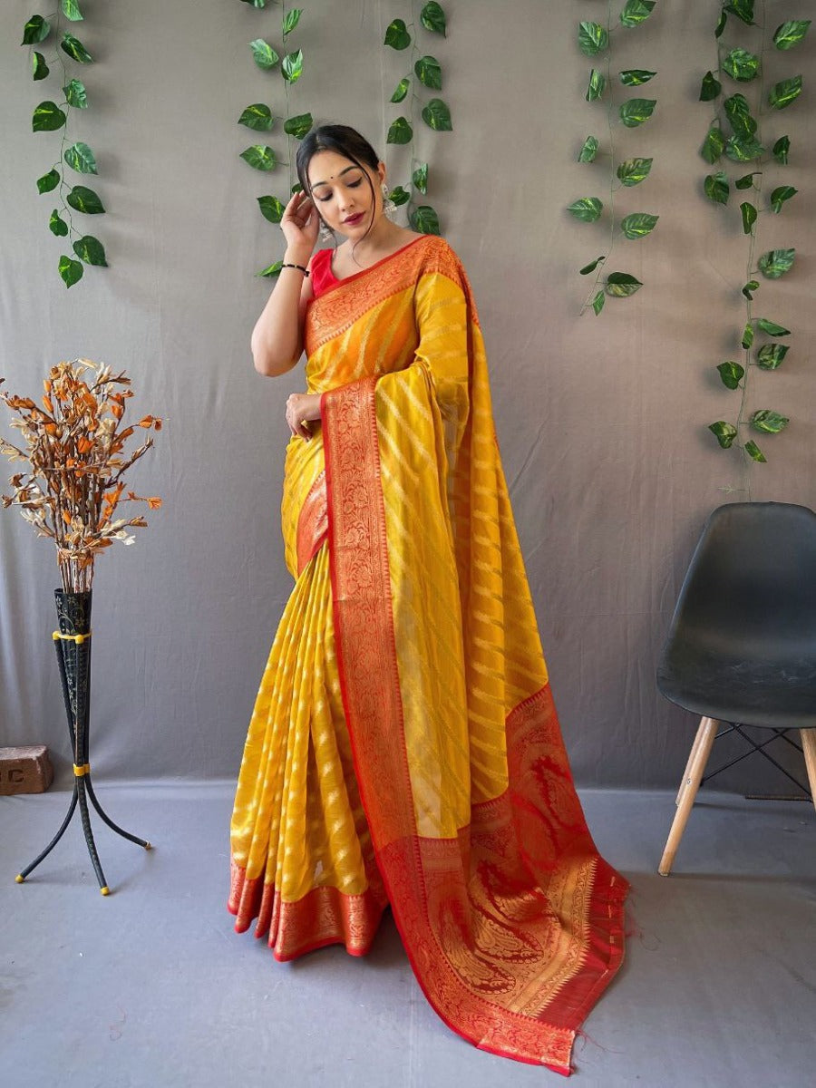 Trending pure organza weaved Leheriya saree with Jacquard border.