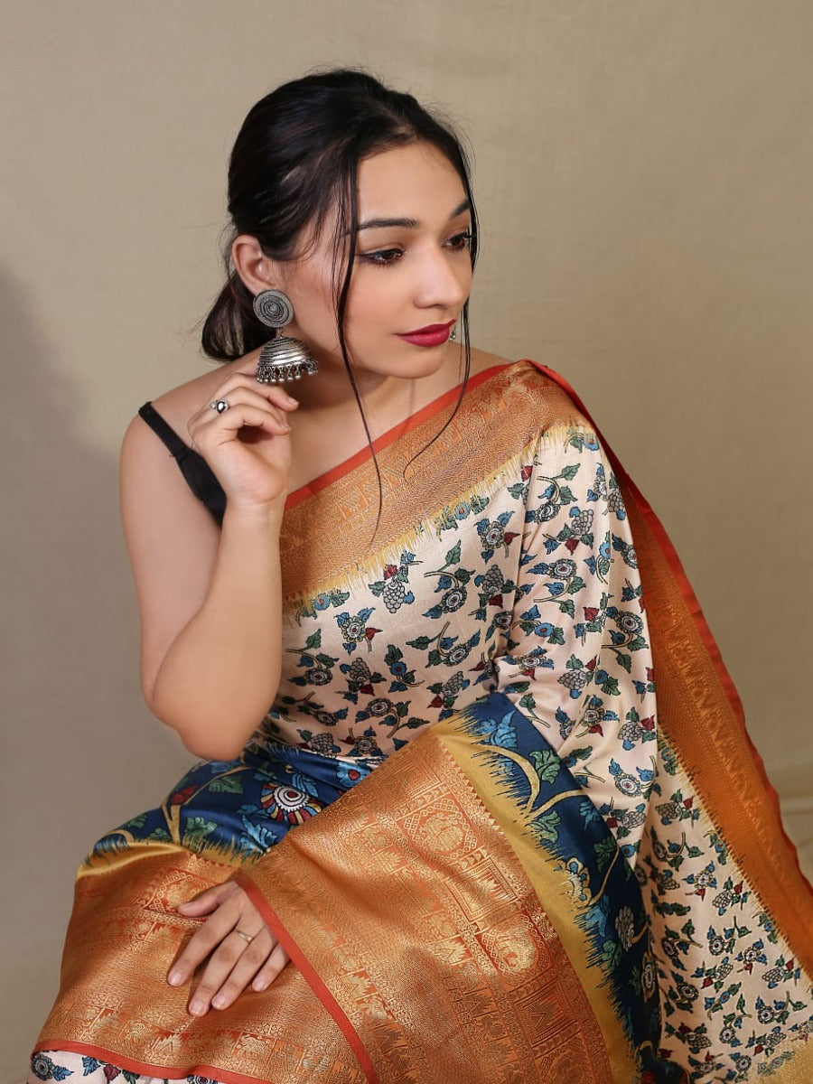 Pure kanchipuram 3D kalamkari prints all over the saree.