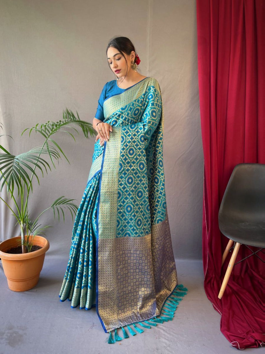 PURE PATOLA SILK SAREE WITH ALL OVER WEAVED DESIGN.