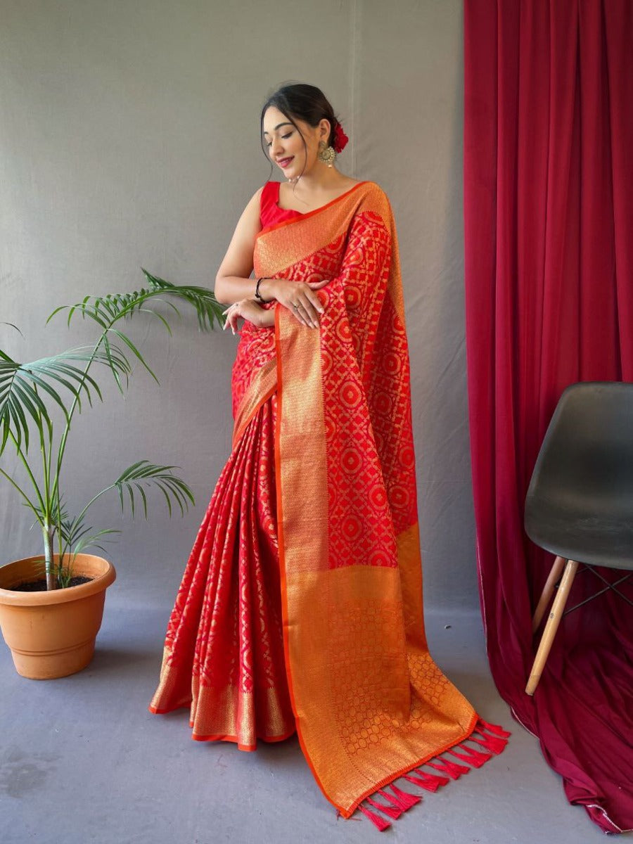 PURE PATOLA SILK SAREE WITH ALL OVER WEAVED DESIGN.