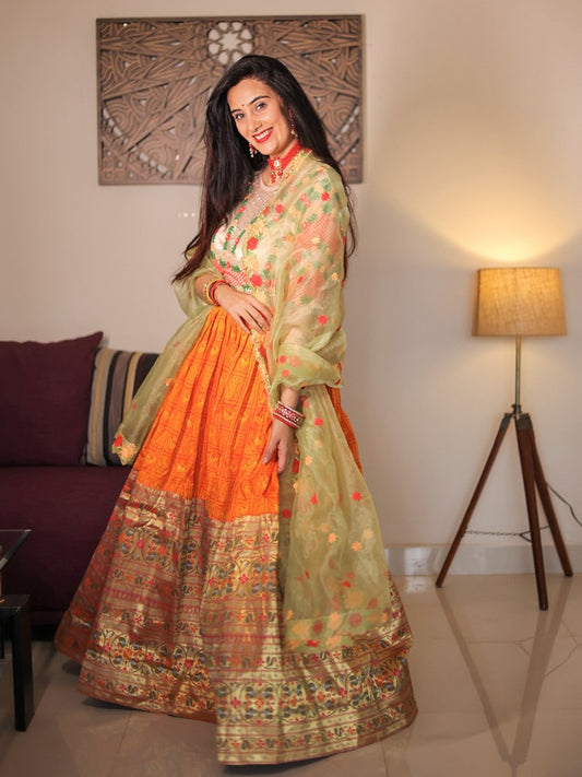 New Designer Wedding Orange Lehenga With Thread Embroidery Work And Handwork Blouse With a Beautiful Organza Dupatta.