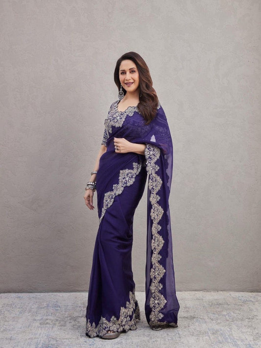 BOLLYWOOD DESIGNER PARTY WEAR CORDING SEQUENCE CUT WORK SAREE WITH WORK BLOUSE LAUNCHED WEAR BY MADHURI DIXIT