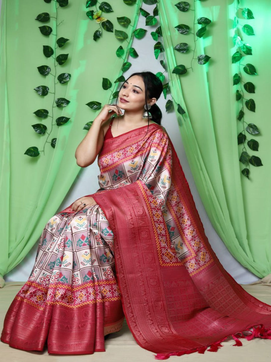 Pure kanchipuram Ikat patola digital printed saree rich pallu and Tassels.