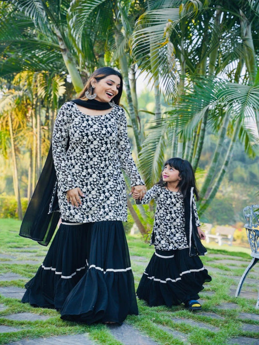 Trending Cording Black Mother & Daughter Gorgette With Embroidery Siquence Work Combo.