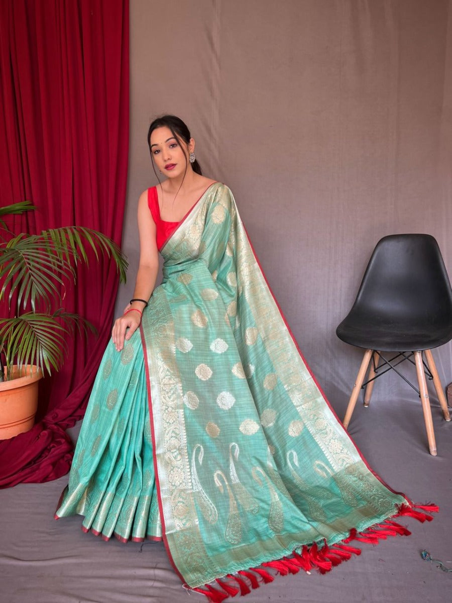 Banarasi Sea Green Woven Design Party Wear Saree In Pure Linen