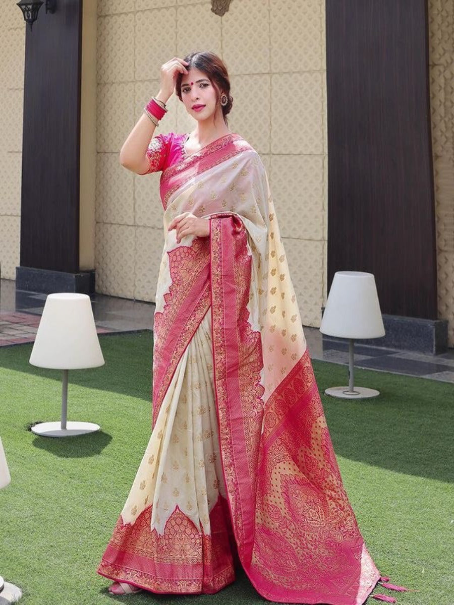 SPECIAL TRUSER WITH RANI COMBINATION PANEL FIGURES LICHI SILK BANARASI SAREE.