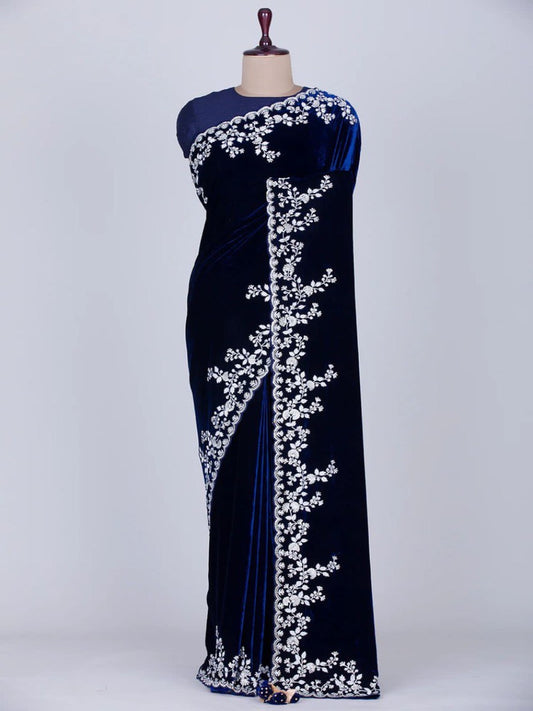 DESIGNER BLUE VELVET SAREE WITH CORDING SEQUANCE EMBROIDERED WORK WITH BLOUSE.