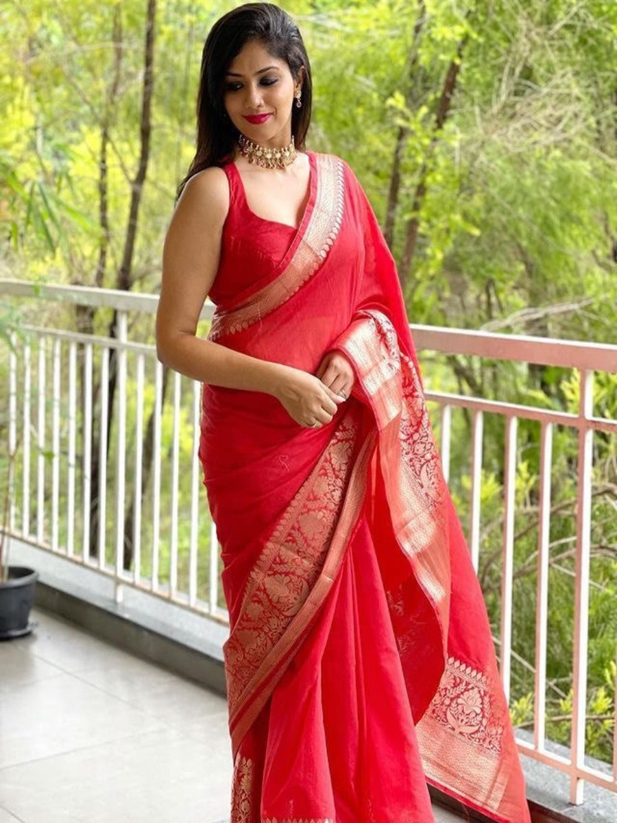 Launching Red Panel Lichi Silk Banarasi Saree.