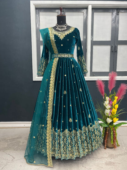 Launching New Designer Wedding Wear Look Velvet Gown & Dupatta Set.