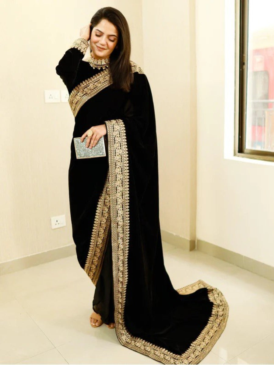 NEW DESIGNER PARTY WEAR BLACK VELVET SAREE WITH EMBROIDERED LACE WORK WITH BLOUSE.