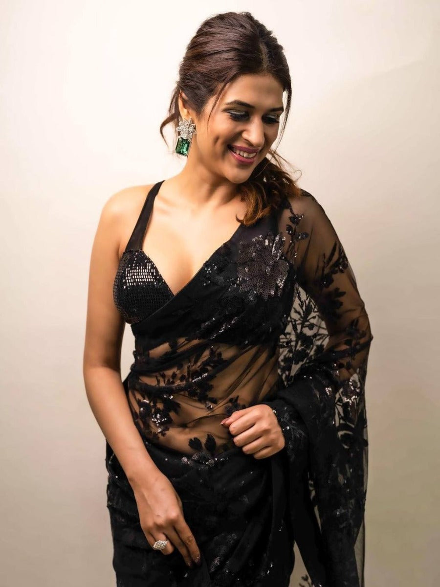 NEW PARTY WEAR BLACK GEORGETTE WITH SEQUANCE EMBROIDERY WORK SAREE WITH WORK BLOUSE.