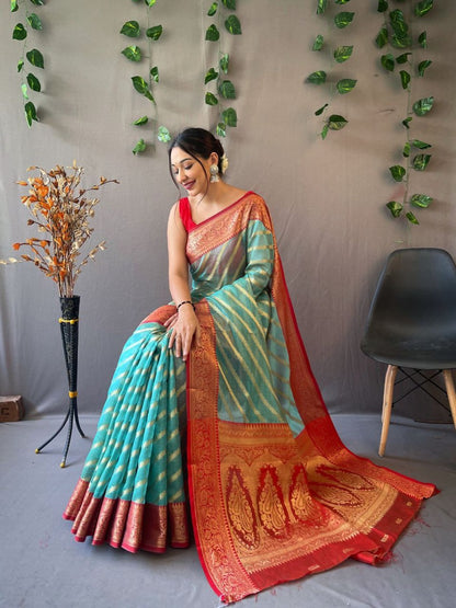 Trending pure organza weaved Leheriya saree with Jacquard border.