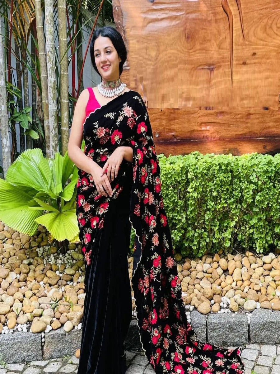 DESIGNER PARTY WEAR BLACK VELVET SAREE WITH CORDING SEQUANCE EMBROIDERED WORK.