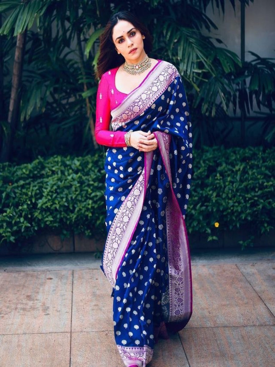 SPECIAL LICHI SILK SILVER WEAVING ALL OVER SAREE WITH RICH ROYAL BLUE COLOR BANARASI SAREE.