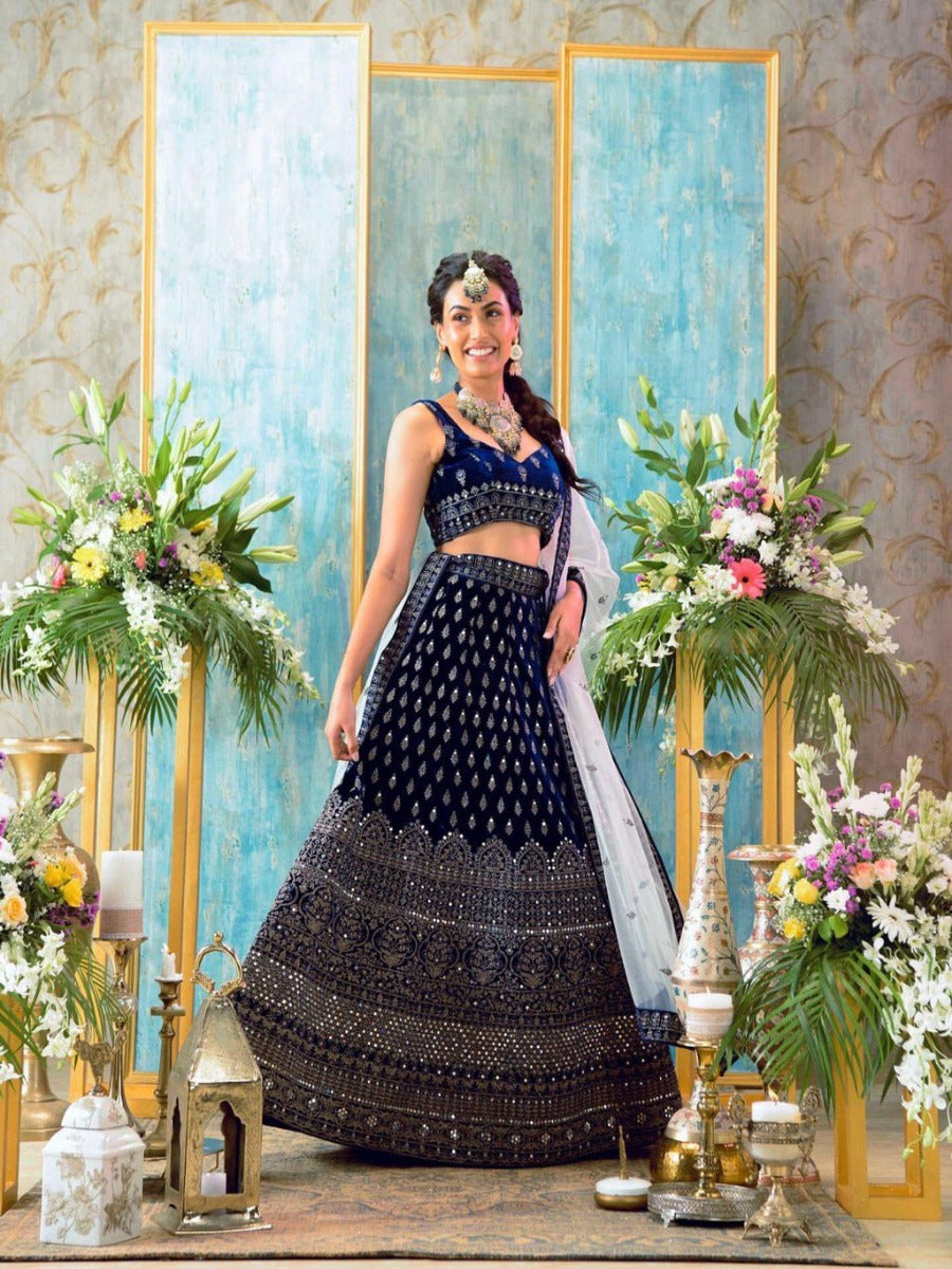 NEW BEUTIQUE STYLE BLUE VELVET SEQUENCE EMBROIDERED WORK LEHENGA CHOLI WITH DUPATTA.