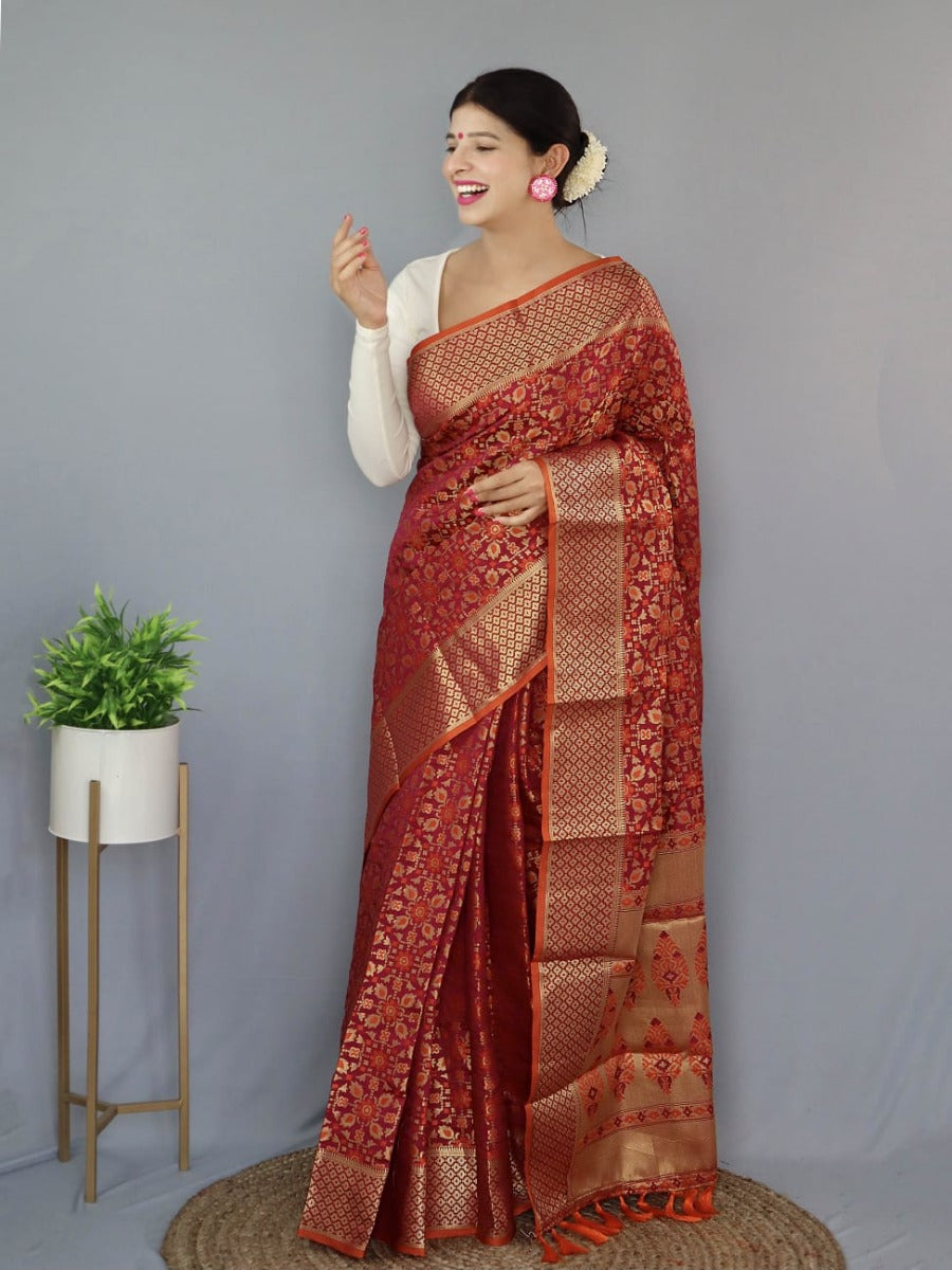 PURE PATOLA SILK SAREE WITH ALL OVER CONTRAST PATOLA WEAVED.