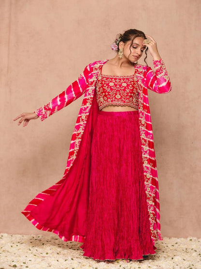 TRENDING CORDING SEQUENCE EMBROIDERY WORKED LEHENGHA CHOLI WITH LONG KOTI.