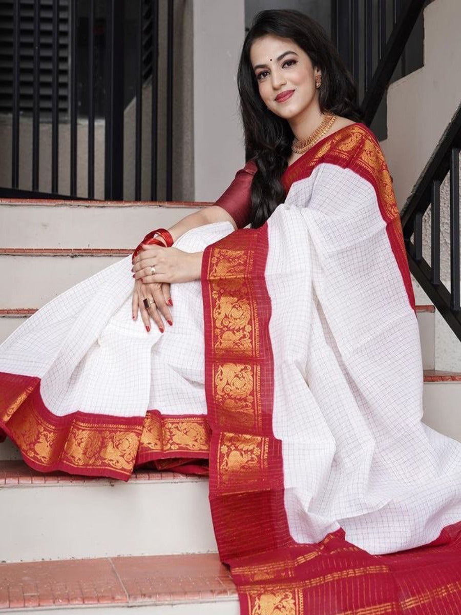 Pooja Special Lichi Silk Banarasi Saree White With Red Kanjiwaram Figure.