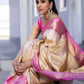 LAUNCHING HANDWOVEN PURE BANARASI SAREE WITH TRUSER WHITE WITH PINK COMBINATIONS WEAVING.