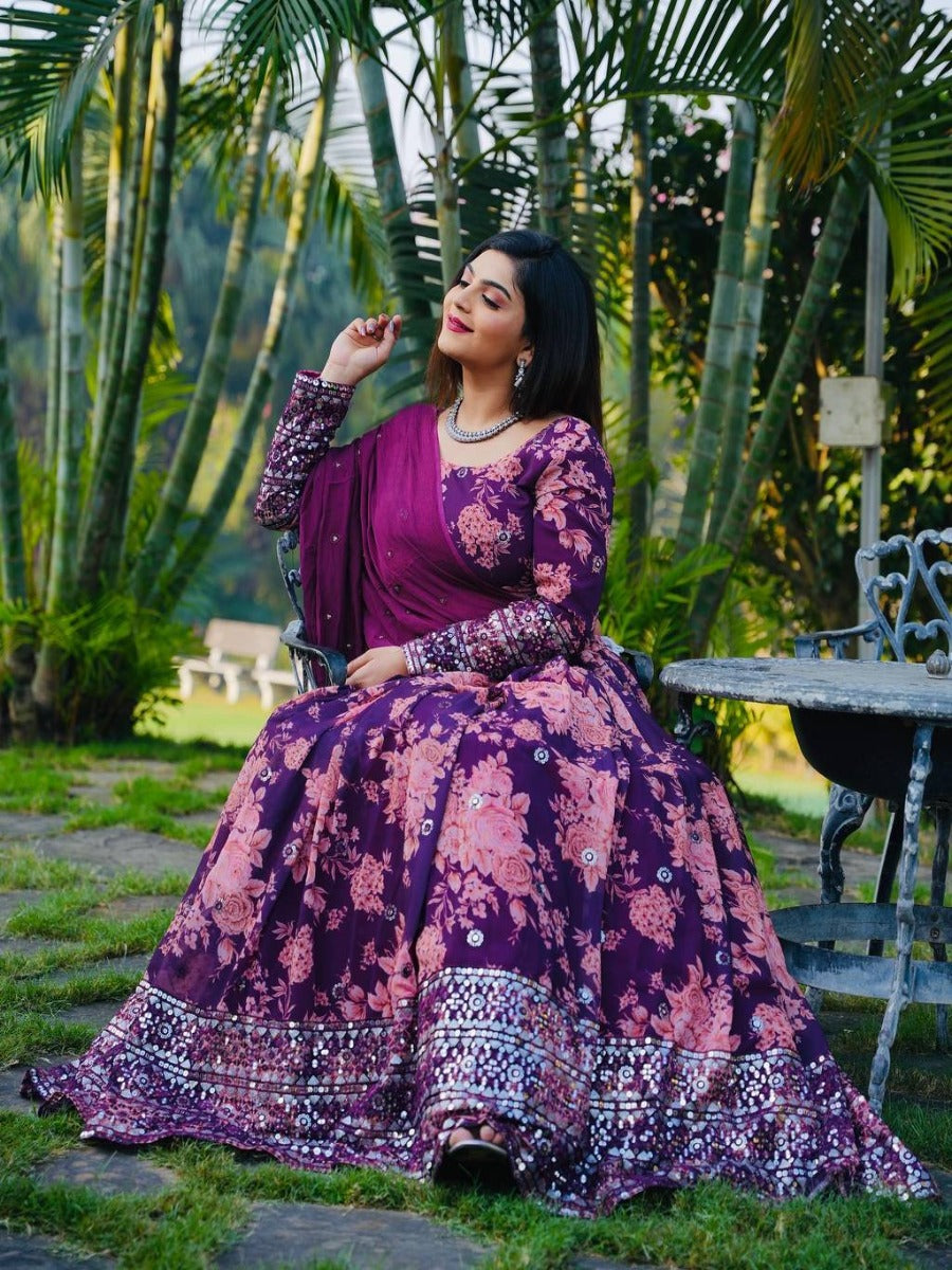 Stunning Wine Color Gorgette With Embroidery Siquns Work Lehenga Choli