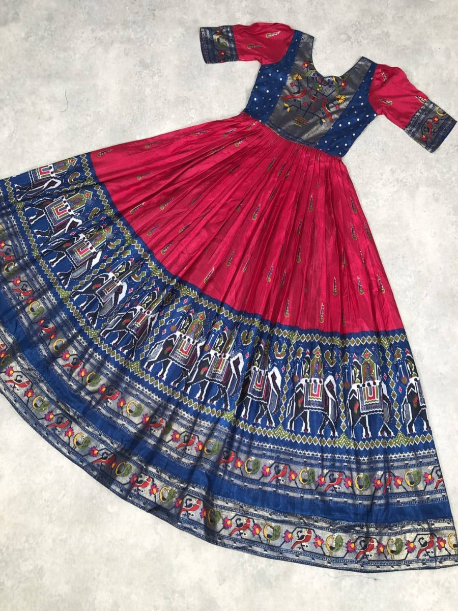 Launching New Party Wear Look Premium Patola Foil print work Dola silk designer gown.