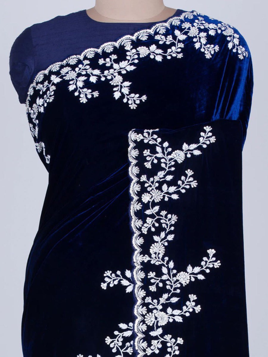 DESIGNER BLUE VELVET SAREE WITH CORDING SEQUANCE EMBROIDERED WORK WITH BLOUSE.