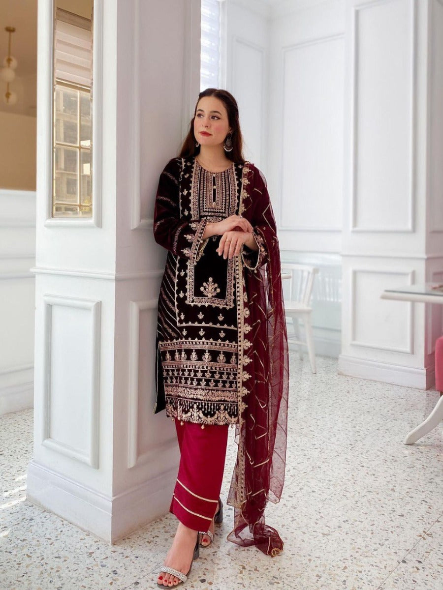 FUNCTION WEAR A VELVET CORDING SEQUENCE EMBROIDERY WORK SUIT WITH DUPATTA