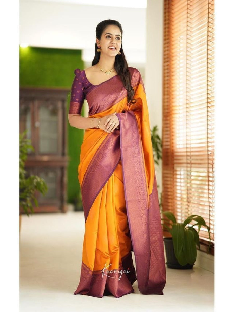 LAUNCHING POOJA AND HALDI SPECIAL LICHI SILK SAREE WITH COPPER WEAVING ALL OVER.