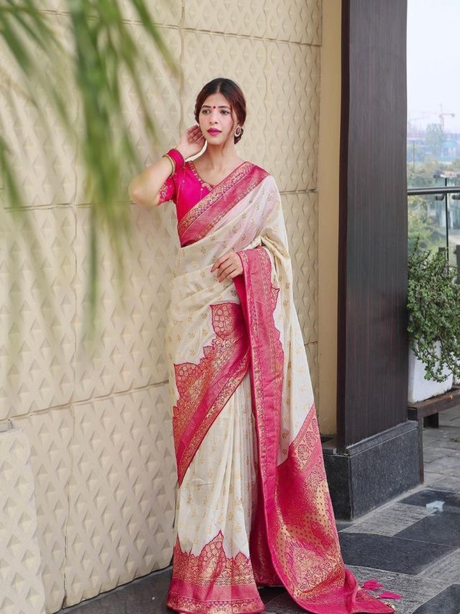 SPECIAL TRUSER WITH RANI COMBINATION PANEL FIGURES LICHI SILK BANARASI SAREE.