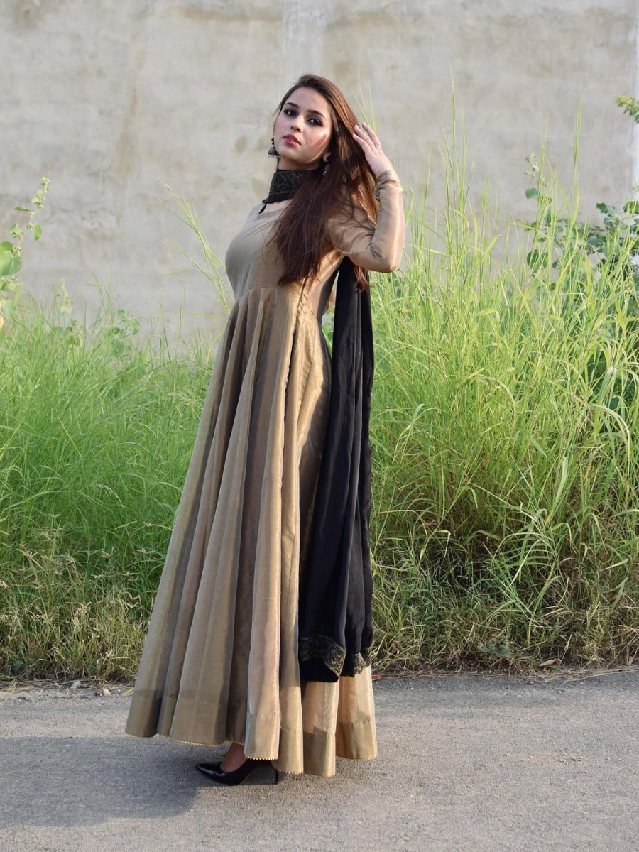Fawn Georgette Sequins Embroidered Floor Length Anarkali Gown with Dup –  Meena Bazaar