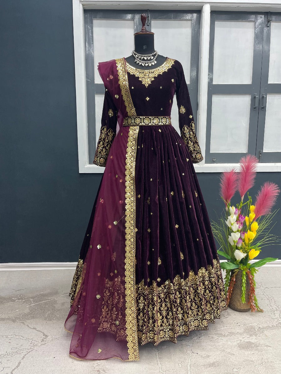 Maroon Velvet Dress with Dupatta and Belt