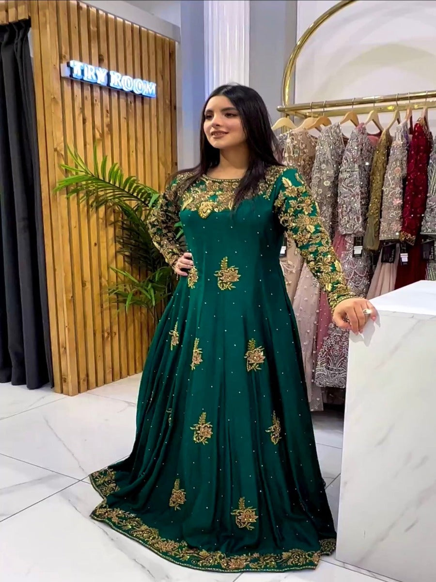 Women & Girles Beautiful Dark Green Gown Having Trendy Fix Work On Neck &  Sleeves With Extra Belt Dori & Dupatta (Pack of 1) Gowns