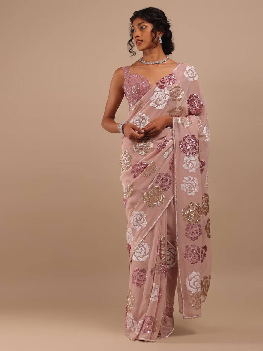 NEW PARTY WEAR GEORGETTE WITH MULTI SEQUANCE EMBROIDERY WORK SAREE.