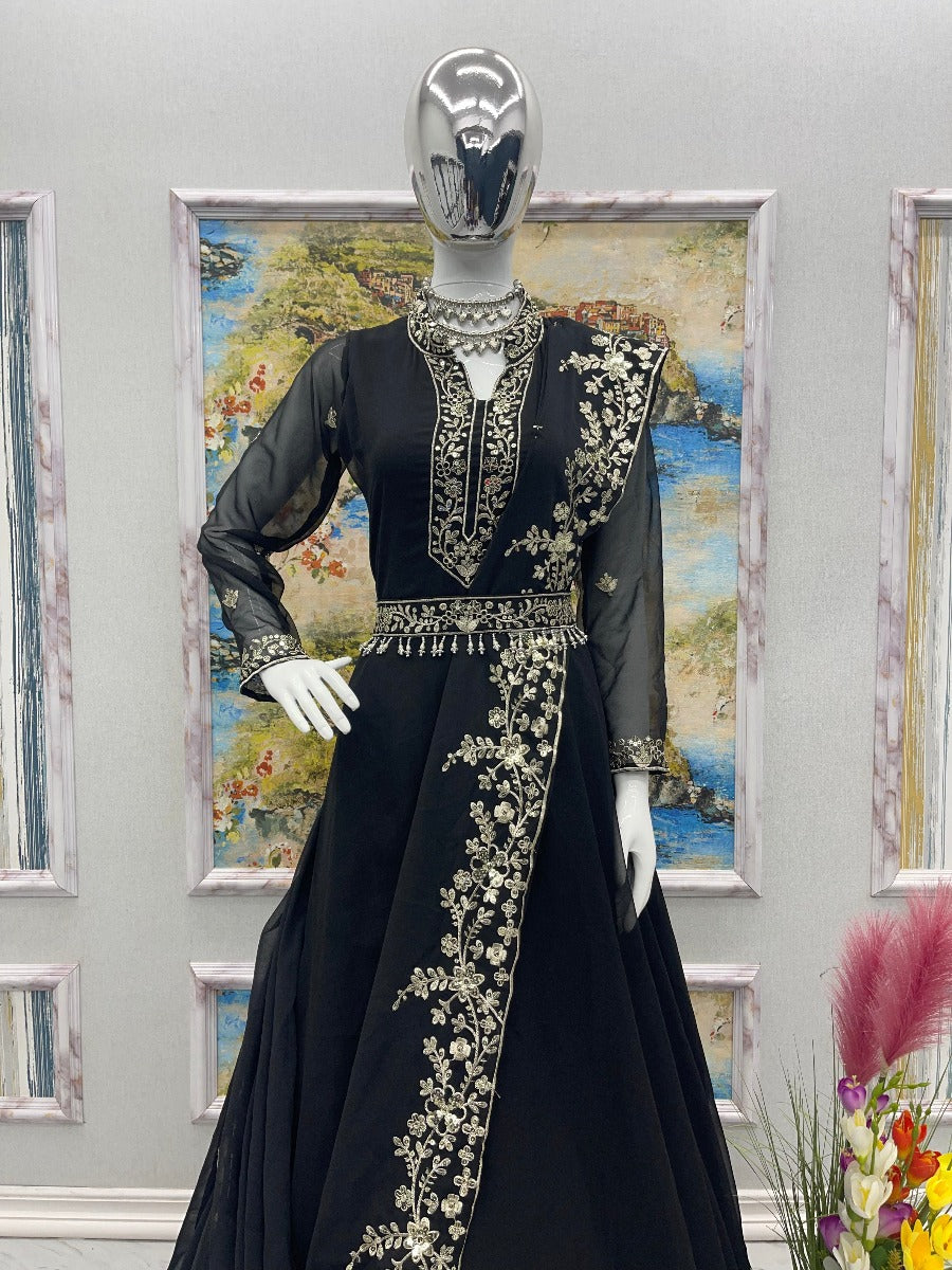 LONG GOWN EMBROIDERY WORK WITH BELT AND DUPATTA PARTY WEAR READY