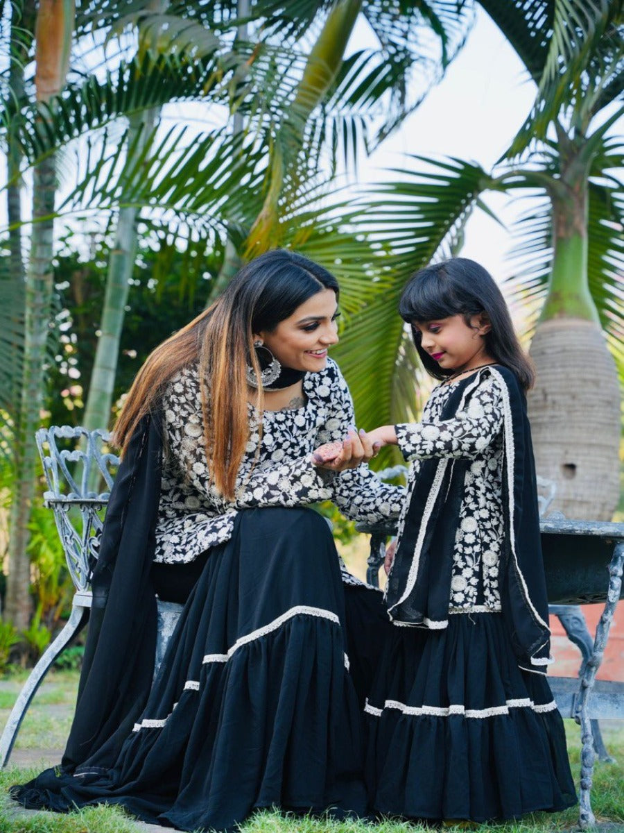 Trending Cording Black Mother & Daughter Gorgette With Embroidery Siquence Work Combo.