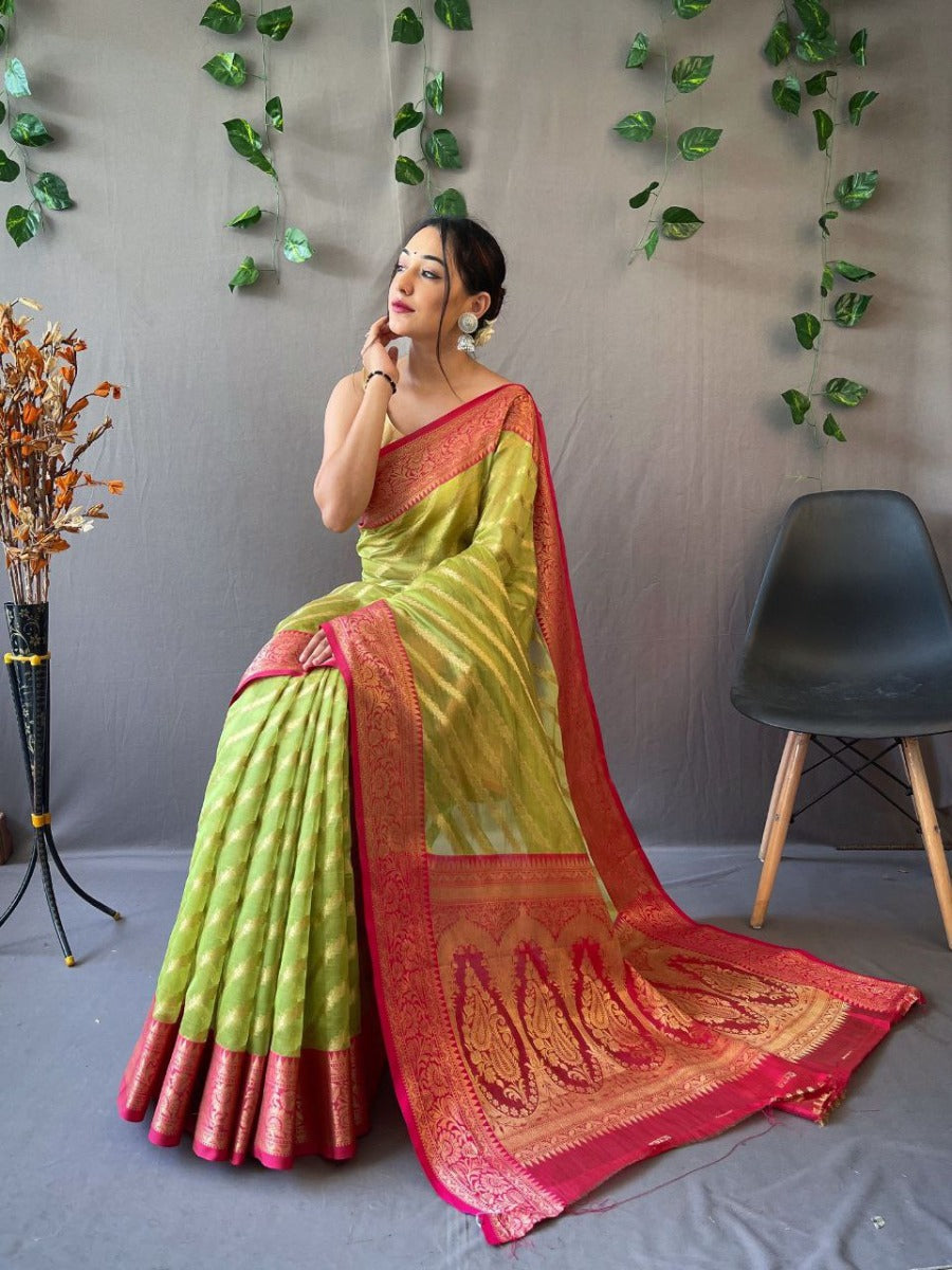 Trending pure organza weaved Leheriya saree with Jacquard border.