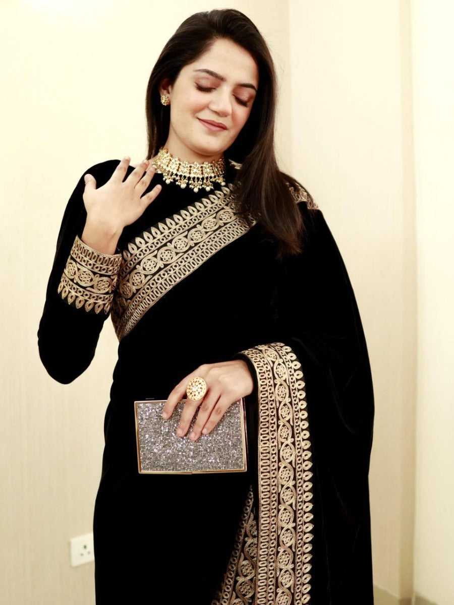 NEW DESIGNER PARTY WEAR BLACK VELVET SAREE WITH EMBROIDERED LACE WORK WITH BLOUSE.