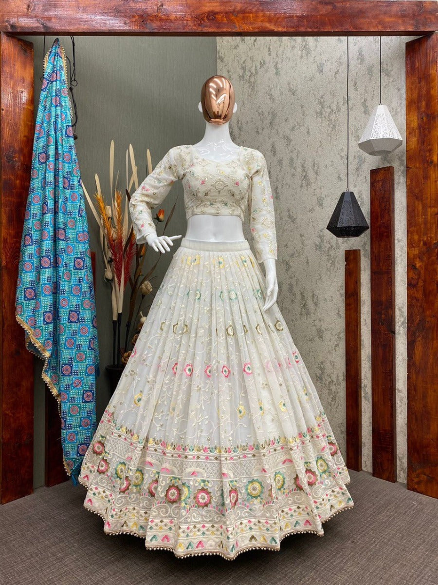 DESIGNER COLLECTION GEORGETTE HEAVY SEQUENCE COTTON THREAD EMBROIDERY WORK LEHENGHA CHOLI SET.