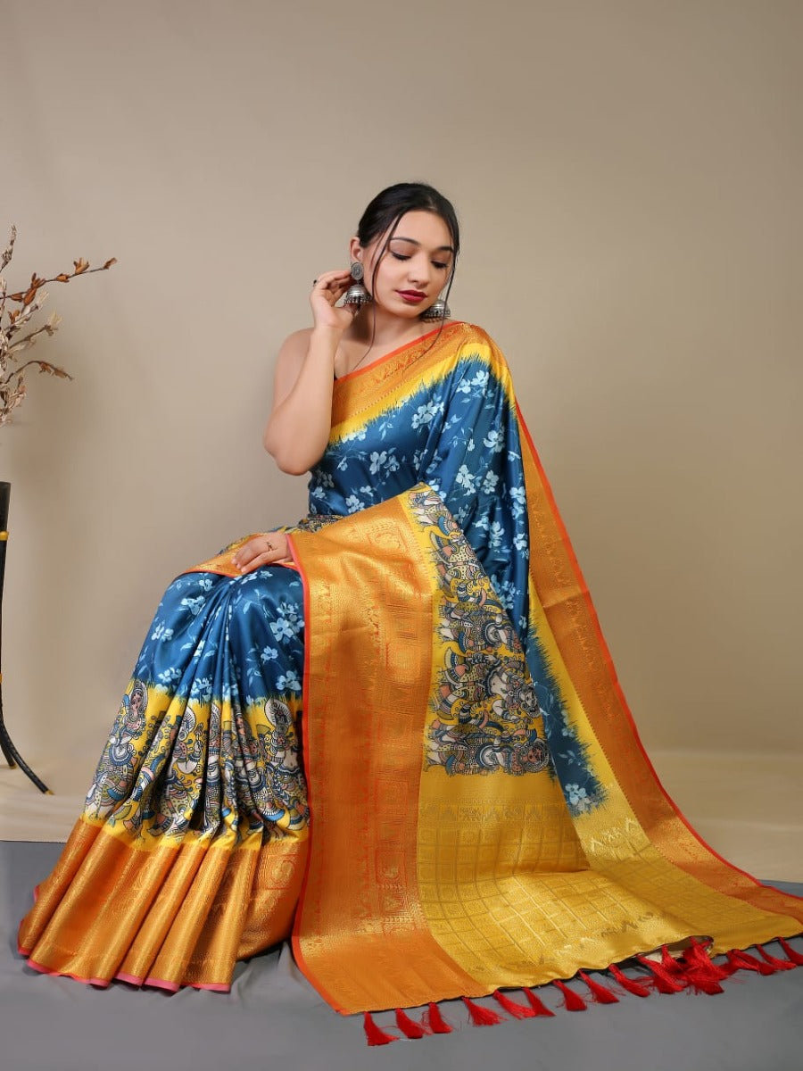 Pure kanchipuram 3D kalamkari prints all over the saree.