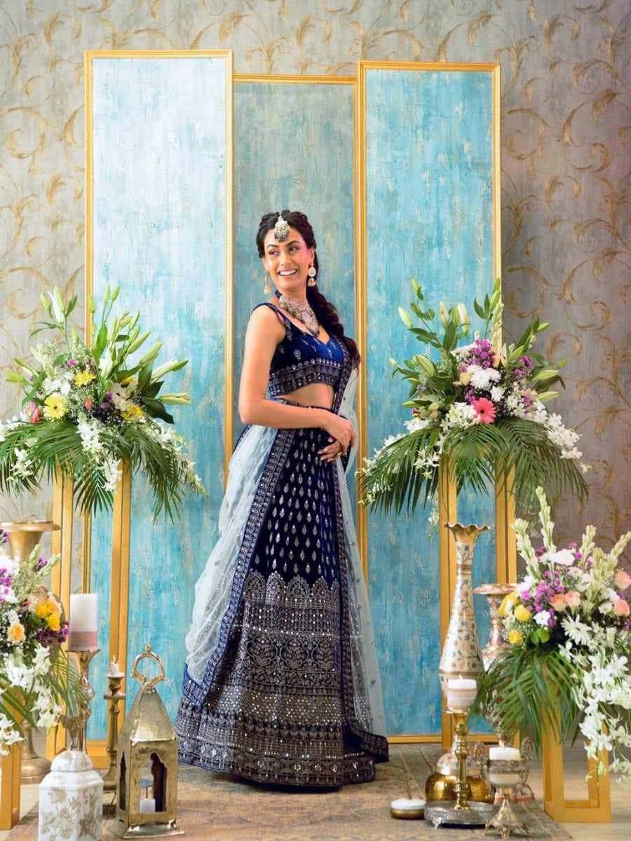 NEW BEUTIQUE STYLE BLUE VELVET SEQUENCE EMBROIDERED WORK LEHENGA CHOLI WITH DUPATTA.