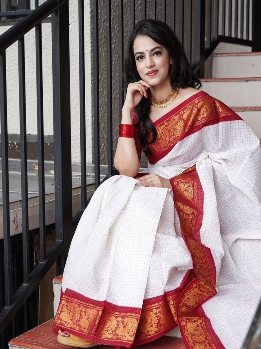 Pooja Special Lichi Silk Banarasi Saree White With Red Kanjiwaram Figure.