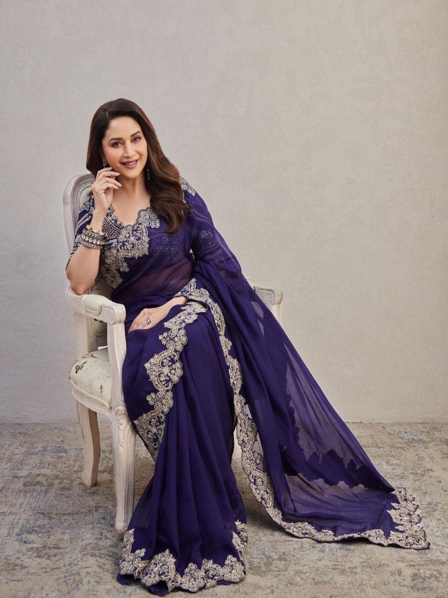 BOLLYWOOD DESIGNER PARTY WEAR CORDING SEQUENCE CUT WORK SAREE WITH WORK BLOUSE LAUNCHED WEAR BY MADHURI DIXIT