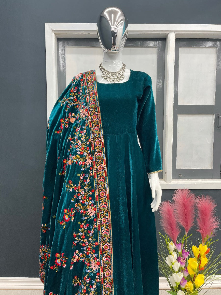 Launching New Designer Wedding Wear Look Full Velvet Anarkali Gown & Dupatta Set.